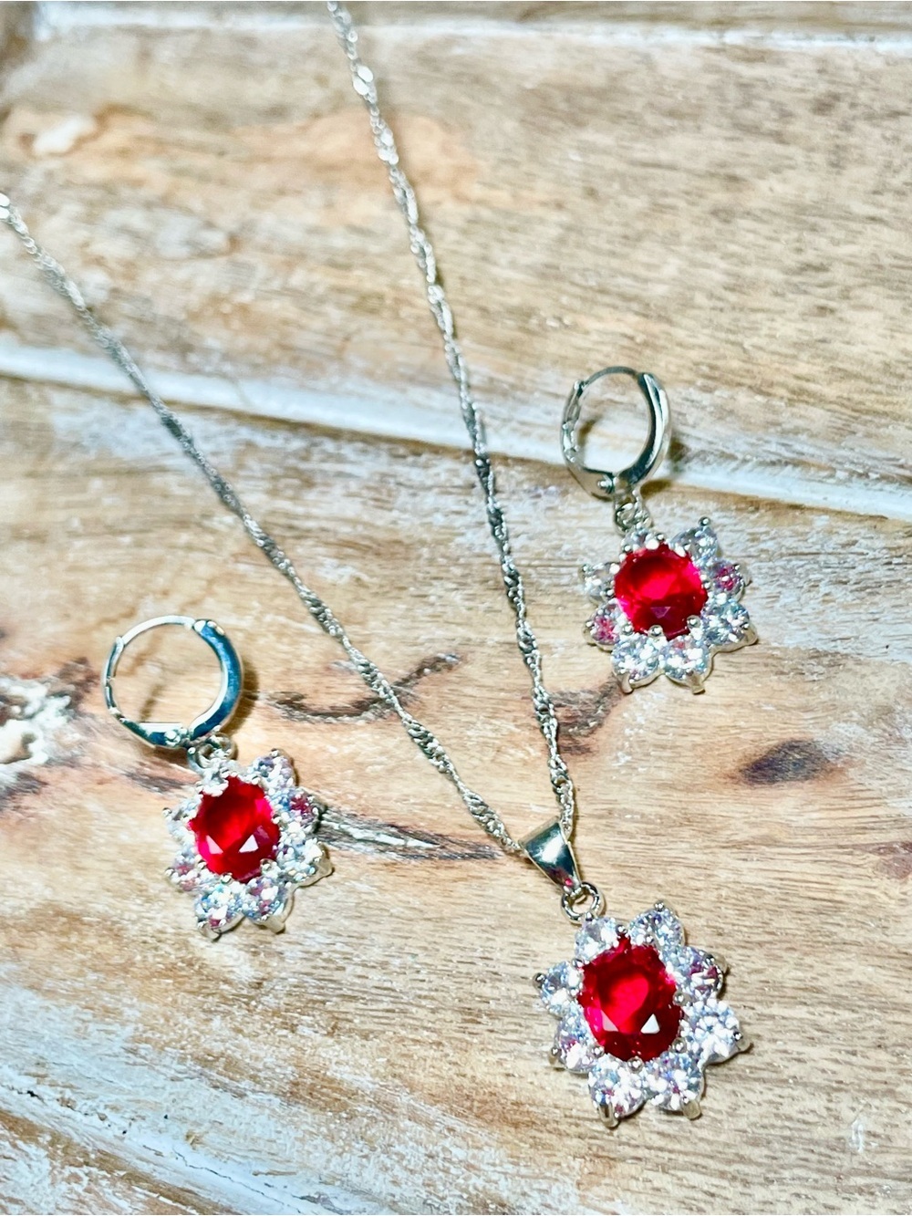 Red Crystal Flower Necklace & Earring Set in Halo 925 Sterling Silver Setting